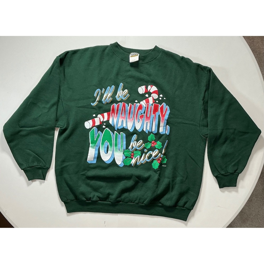 VTG USA Made 90s Christmas Sweatshirt Granny Green Holly Naughty Nice Womens XL